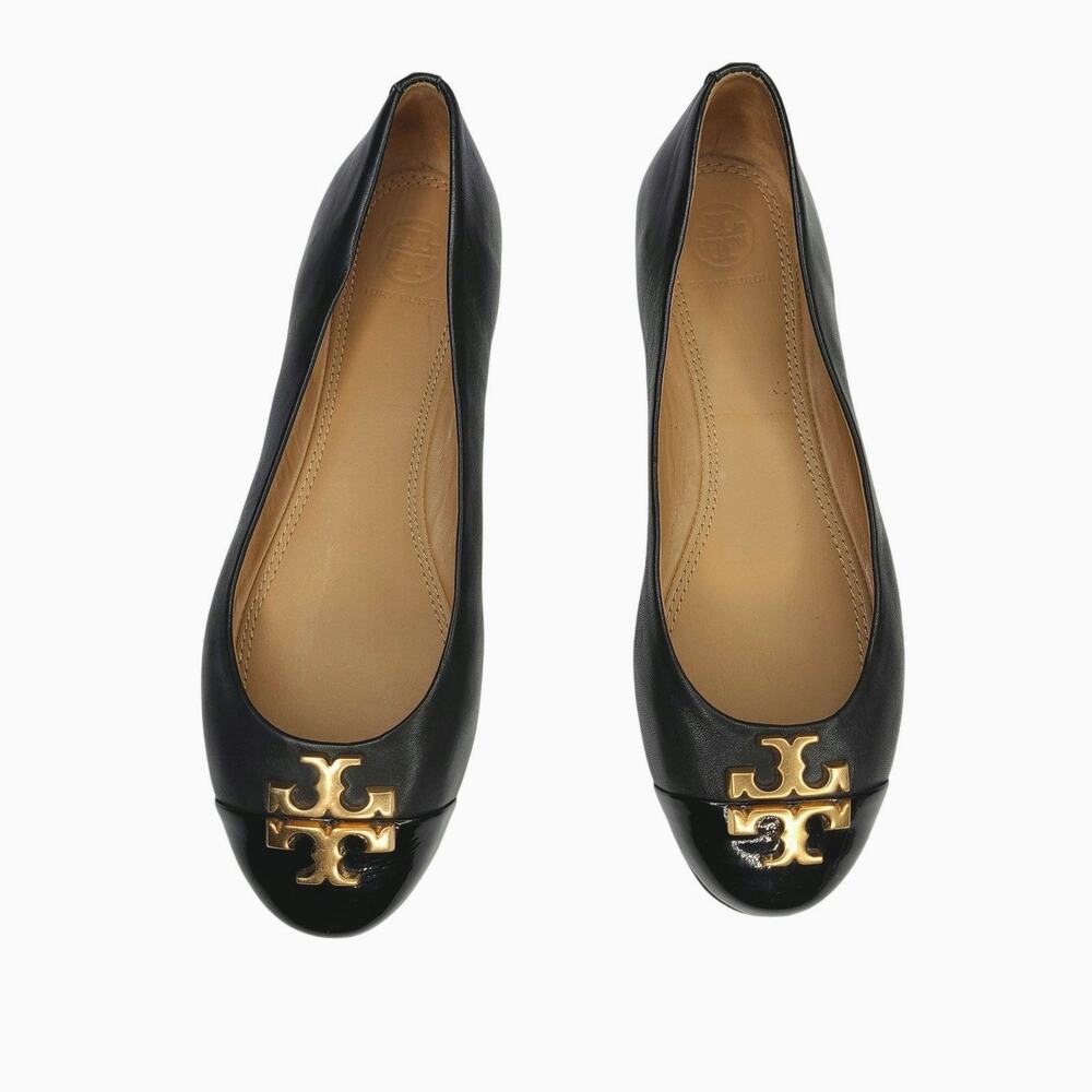 Tory Burch Black Ballet Flats Everly Cap-Toe Leather Size 7M